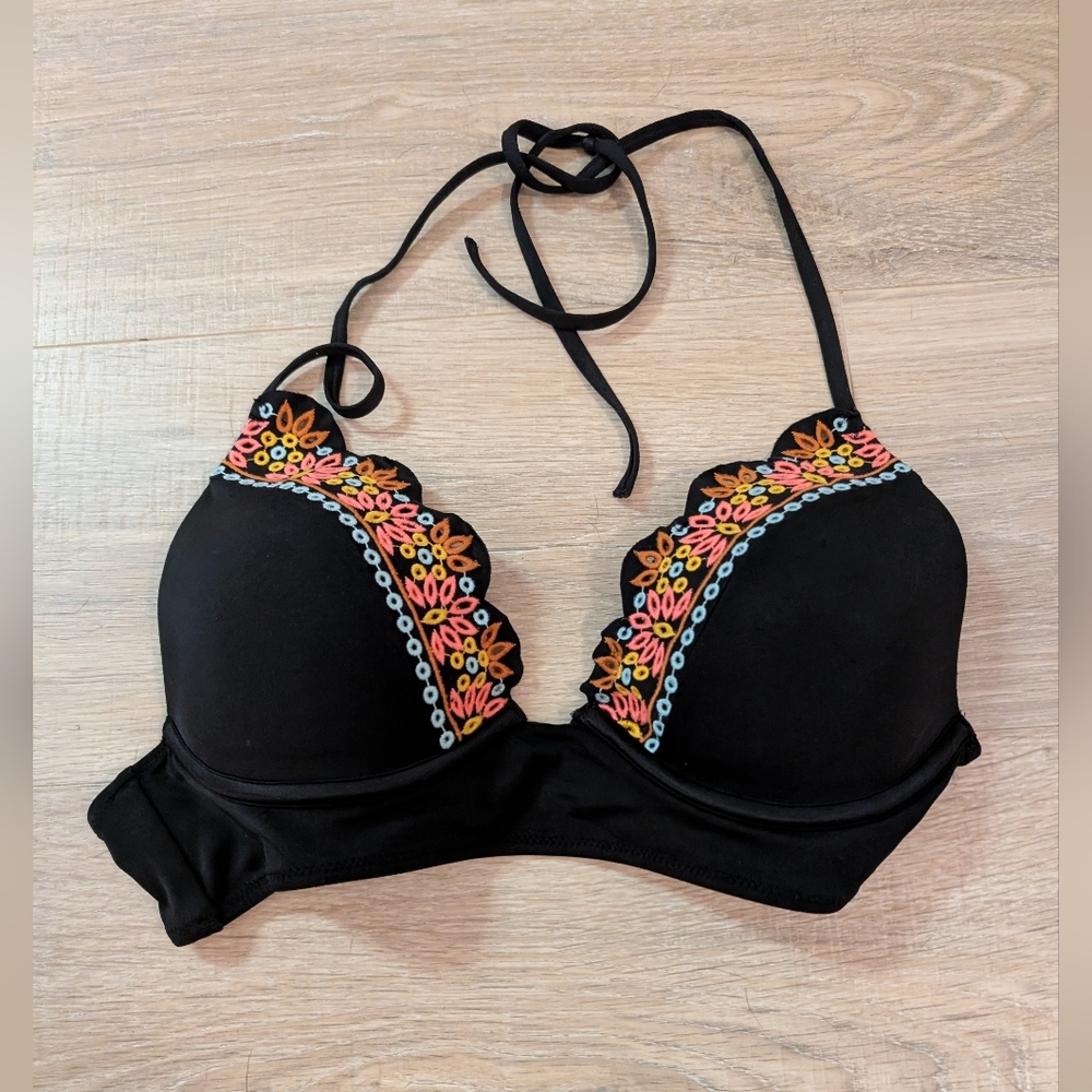 Shade & Shore Black Push Up Bikini Top with Embroidery Womens Size Small
